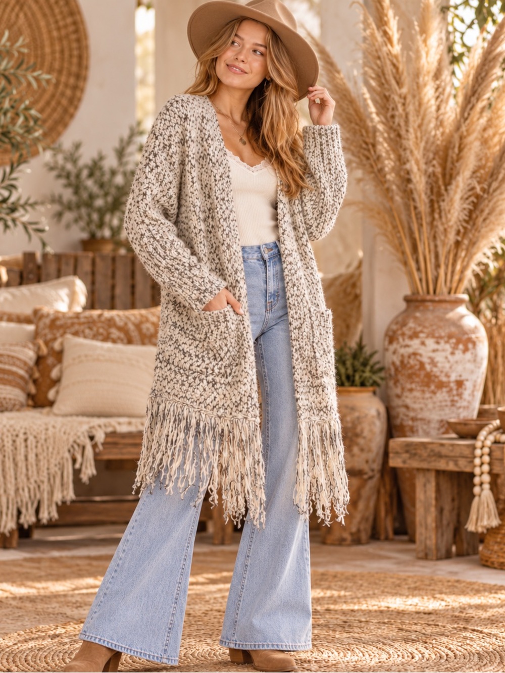 Umgee Oatmeal Popcorn Fringe Cardigan